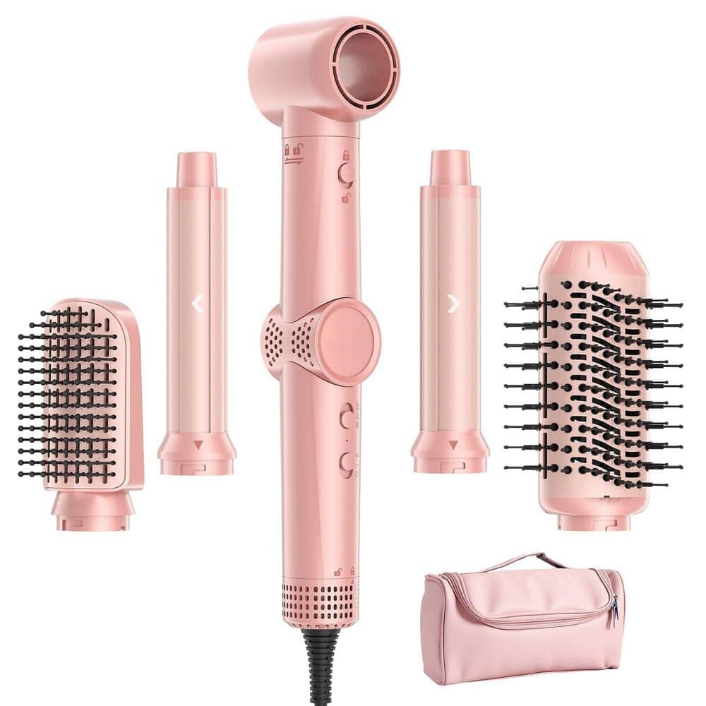 Wudkey 1-Piece Bathroom Accessory Set in Pink, 5 in 1 Hot Air Styler Set with Travel Case, for Drying, Curling and Volumizing (1)