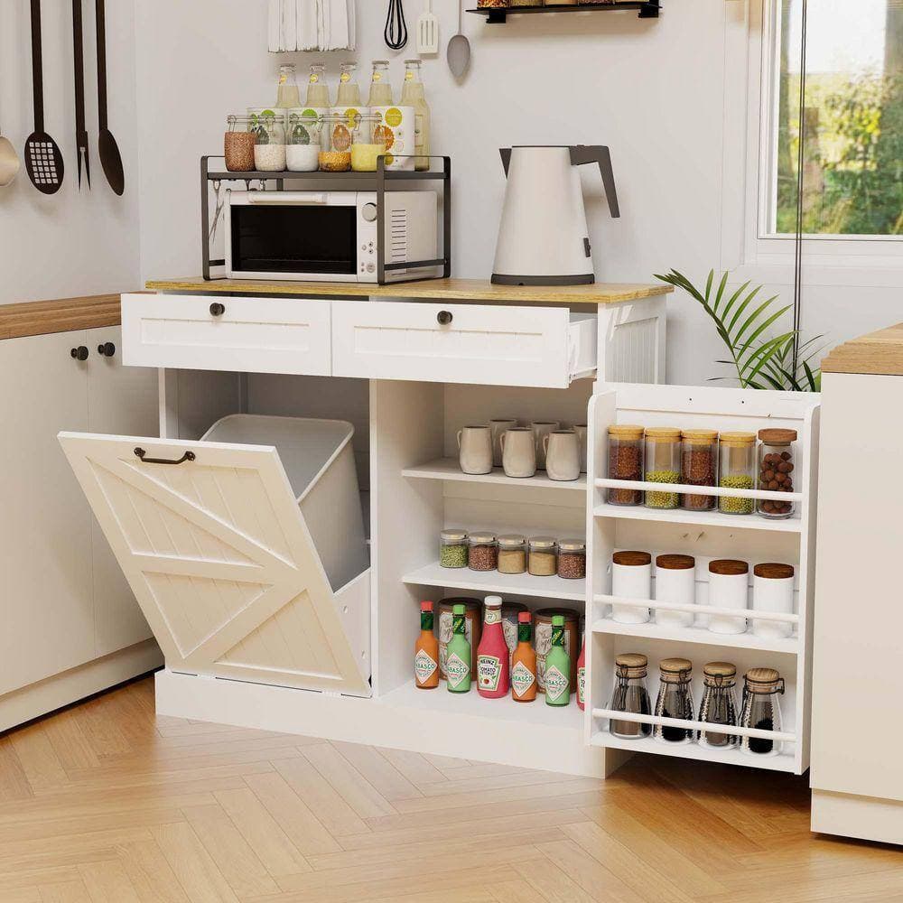 XUJMK 39 in. W x 14 in. D x 35 in. H White Linen Cabinet Storage Cabinet w/ 2-Drawers and 1-Tilt Out Trash Cabinet for Kitchen (2)