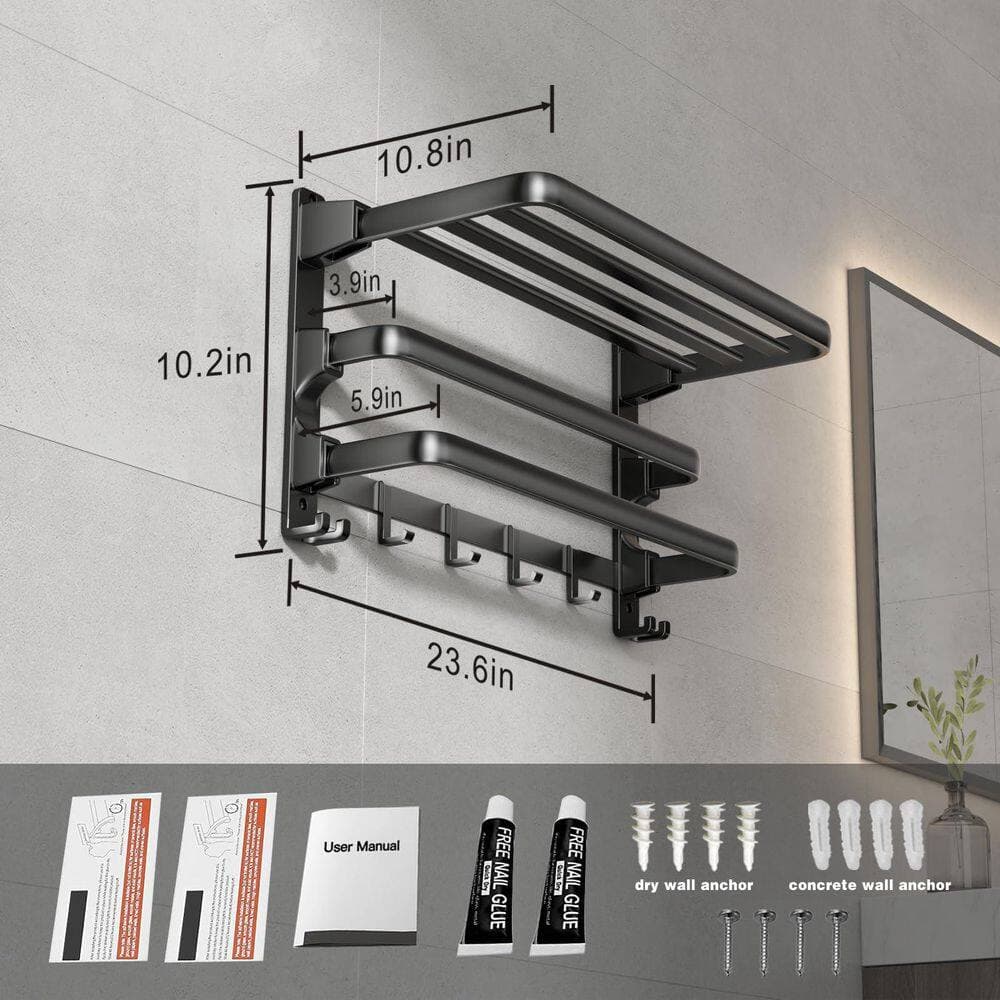 Numhew 24 in. 2-Bar Wall Mounted Bathroom Towel Rack, Bathroom Towel Shelf with Foldable Shelf and 7 Hooks in Matte Black (2)