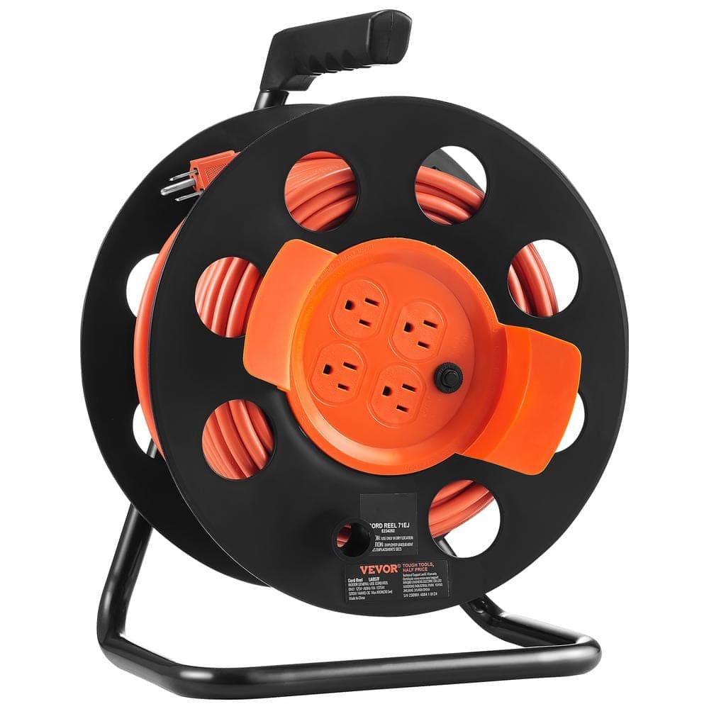 VEVOR 100 ft. 14AWG/3C 13 Amp Extension Cord Reel SJTOW Power Cord with 4 Outlets, Dust Cover, Handle Circuit Breaker for Home (1)