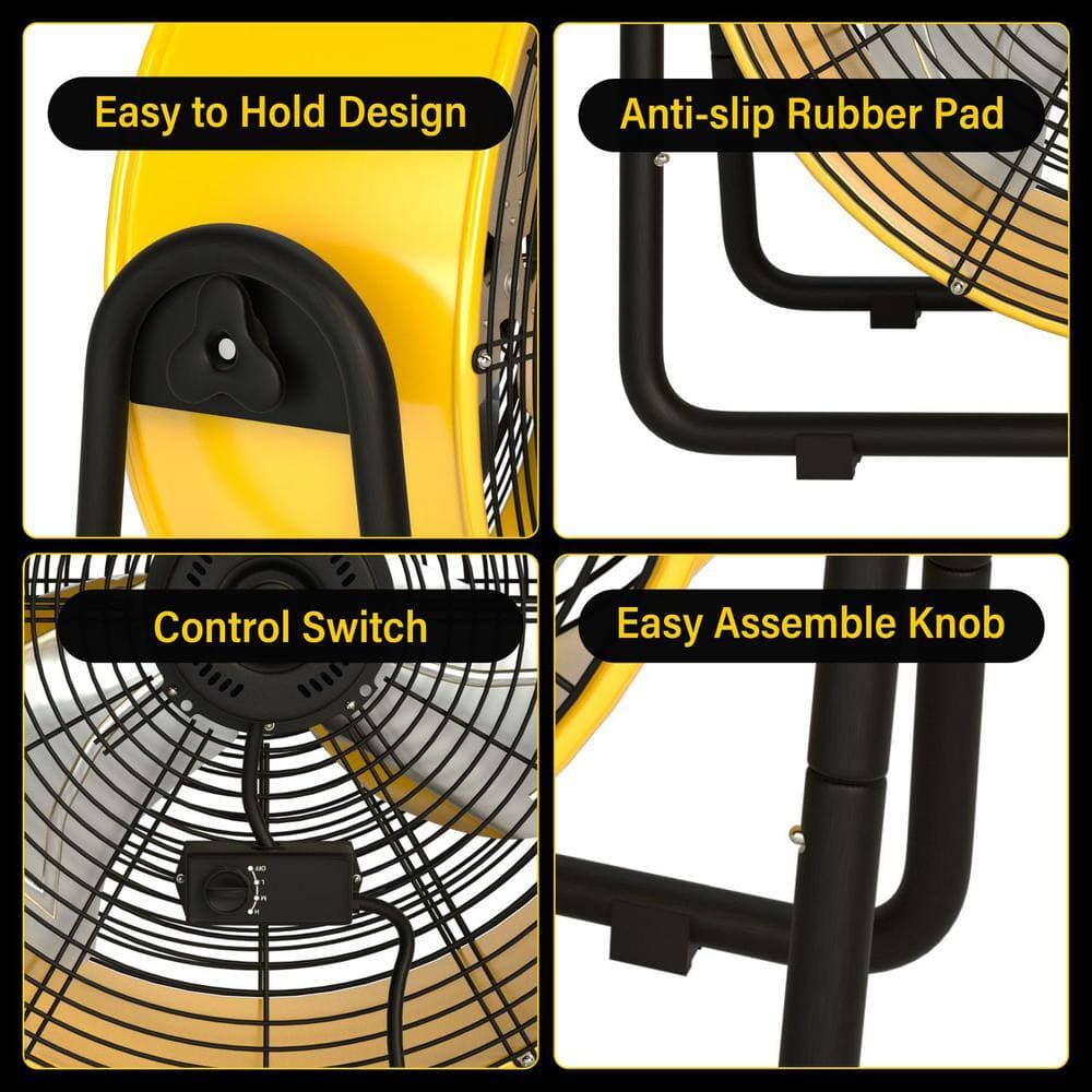 Tidoin 20 in. 3 Fan Speeds Heavy Duty Floor Fan in Yellow with High Velocity for Warehouse, Workshop, Factory and Basement (3)