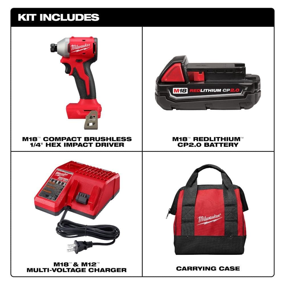 Milwaukee M18 18V Lithium Ion Compact Brushless Cordless 1/4 in. Impact Driver Combo Kit with SHOCKWAVE Screwdriver Bit Set (3)