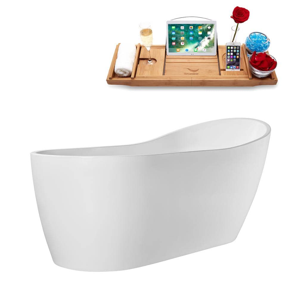 Streamline 69 in. x 32 in. Acrylic Freestanding Soaking Bathtub in Glossy White with Polished Gold Drain, Bamboo Tray (2)