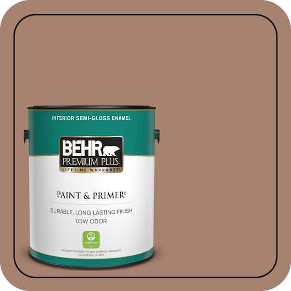 BEHR PREMIUM PLUS 1 gal. #S190-5 Cocoa Nutmeg Semi-Gloss Enamel Low Odor Interior Paint & Primer (2)