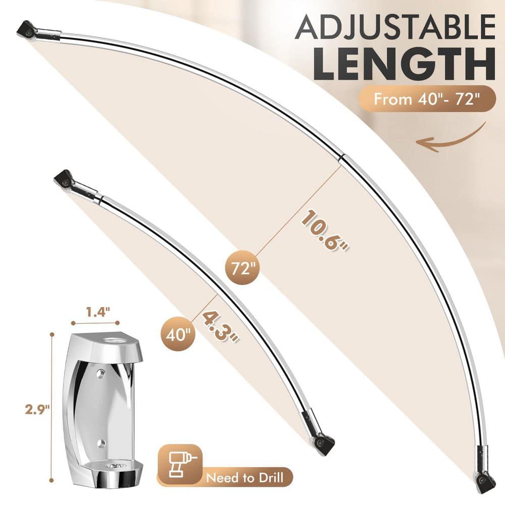 Wudkey 40-72 in. Adjustable Curved Shower Curtain Rod in Chrome, Aluminum Rustproof Round Shower Curtain Rod for Bathroom (2)