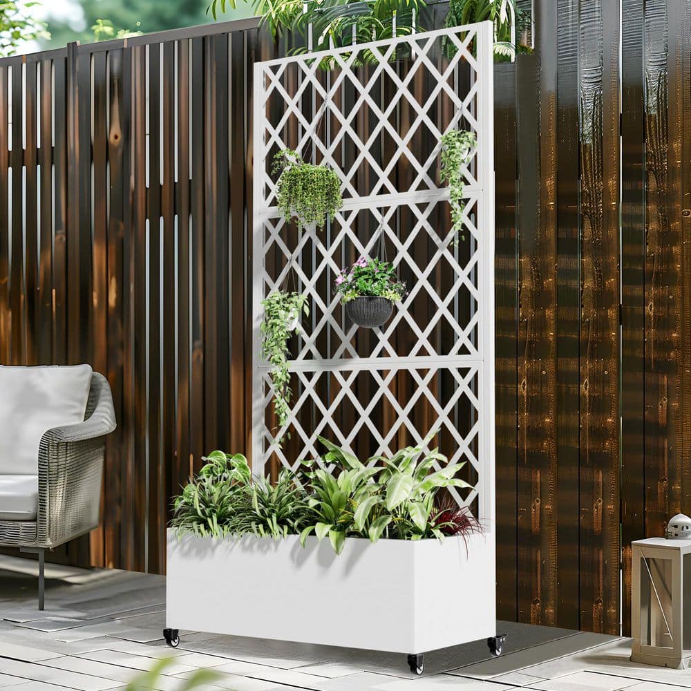 Dovelina 35 in. x 71 in. White Metal Iron Planter Box with Attached Trellis for Climbing Vegetation (1)