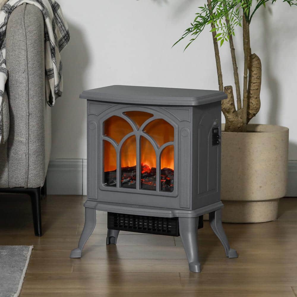 Siavonce 17 in. Freestanding Electric Fireplace Stove Heater with Realistic Logs and Flame Effect and Overheat Protection, Gray (2)