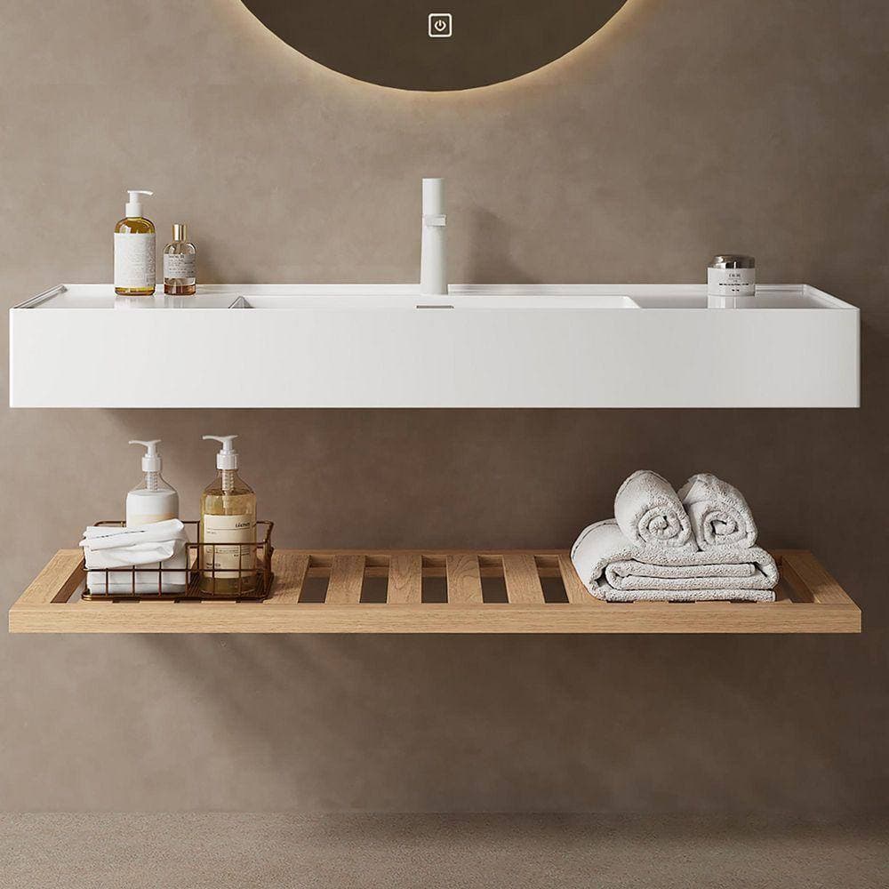 Timussi 6.89 in. White Acrylic Wall-Mounted Bathroom Integrated Sink and Shelf (1)