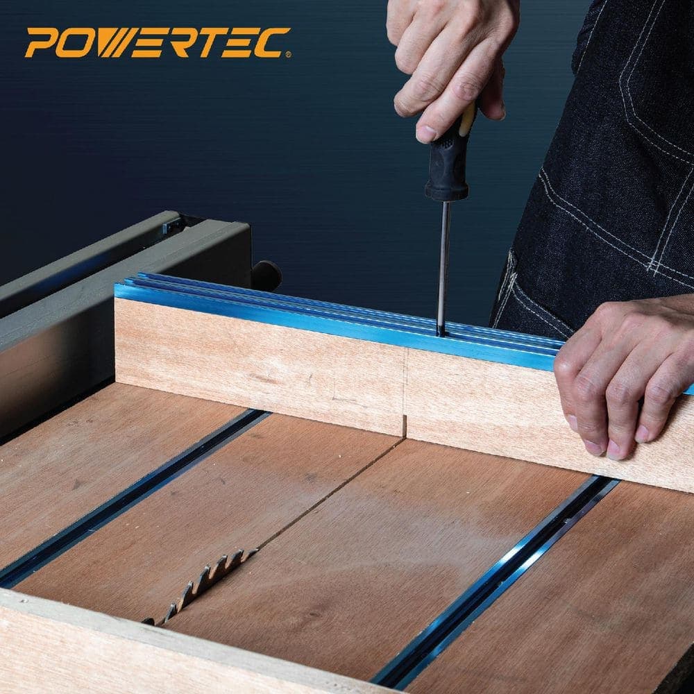 ‎POWERTEC 36 in. Double-Cut Profile Universal T-track with Laser Engraved Center Scale and 3 in. Fence Flip Stop (2)