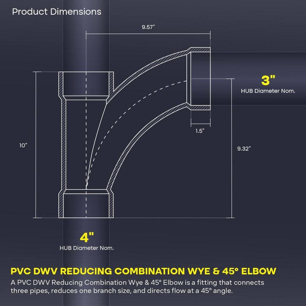 PLUMBFLEX 4 in. x 3 in. Rigid PVC DWV Wye & 1/8 Bend 45° Elbow Reducing Hub, 0.58 Ft Long, White PVC Drain, Schedule 40 (6 Pk) (3)