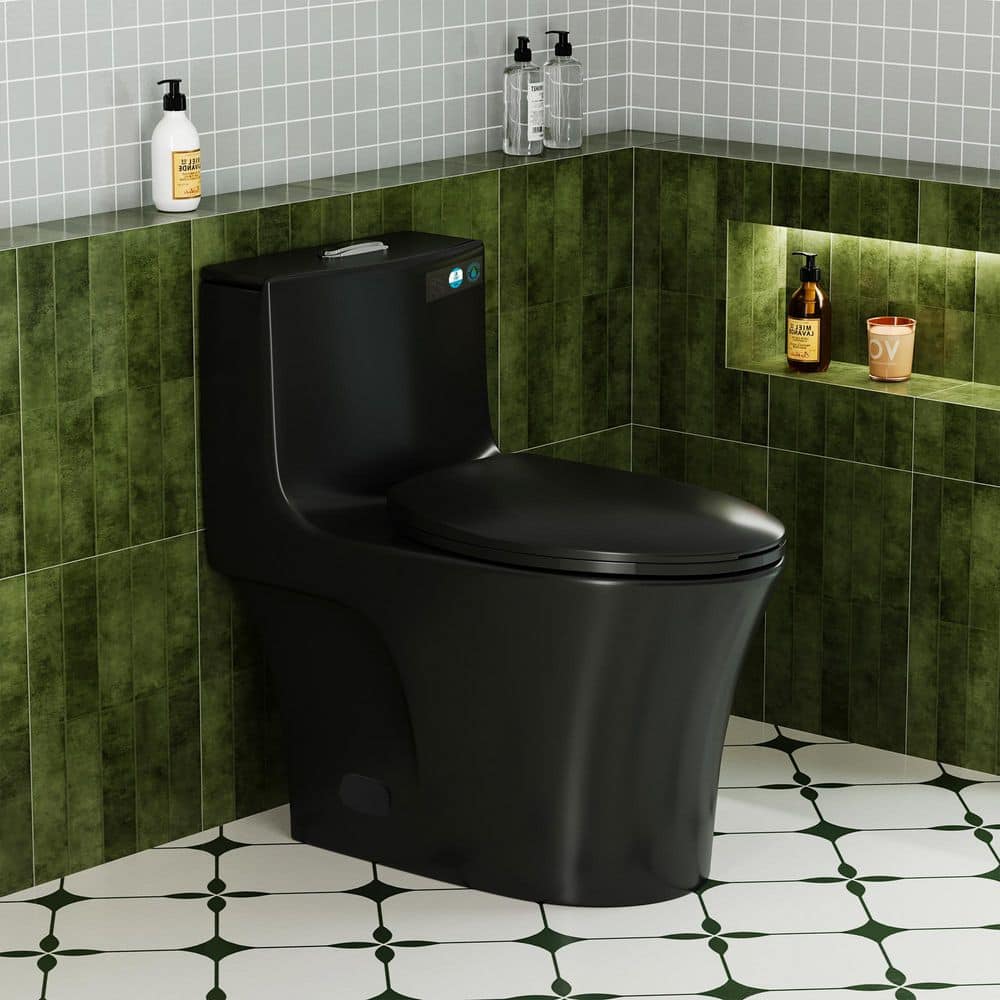 Bezeit 12 in. 1-Piece 1.1/1.6 GPF Dual Flush Elongated Toilet in Matte Black, Seat Included-WaterSense Certified