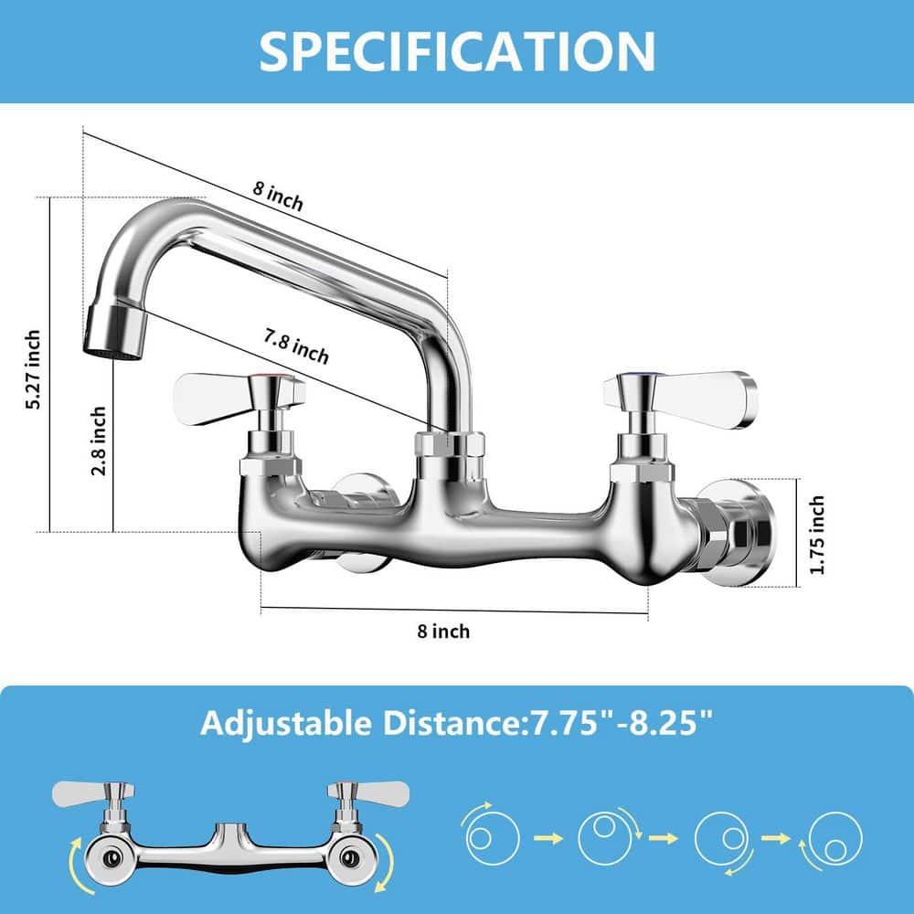 Numhew Wall Mount Kitchen Faucet in Chrome, 8 in. Swivel Spout Dual Handle Mixer Tap for Commercial and Laundry Sink (3)