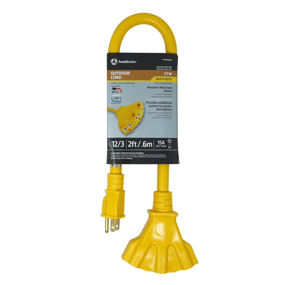 Southwire 2 ft. 12/3 STW Multi-Outlet (3) Outdoor Heavy-Duty Adapter Extension Cord, Yellow (1)
