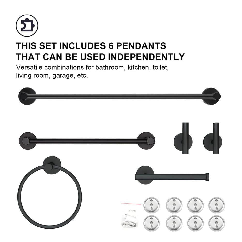 Zalerock Modern 6-Piece Bath Hardware Set with Towel Bar x 2, Towel Ring x 1, Toilet Paper Holder x 1, Hook x 2 in Black (2)