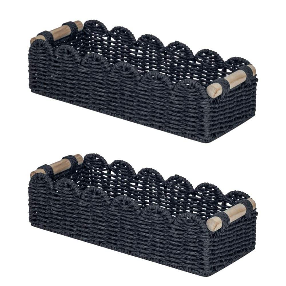 Wudkey 2-Pack Black Wicker Bathroom Basket Organizer with Handle, Toilet Tank Paper Storage Baskets for Countertop