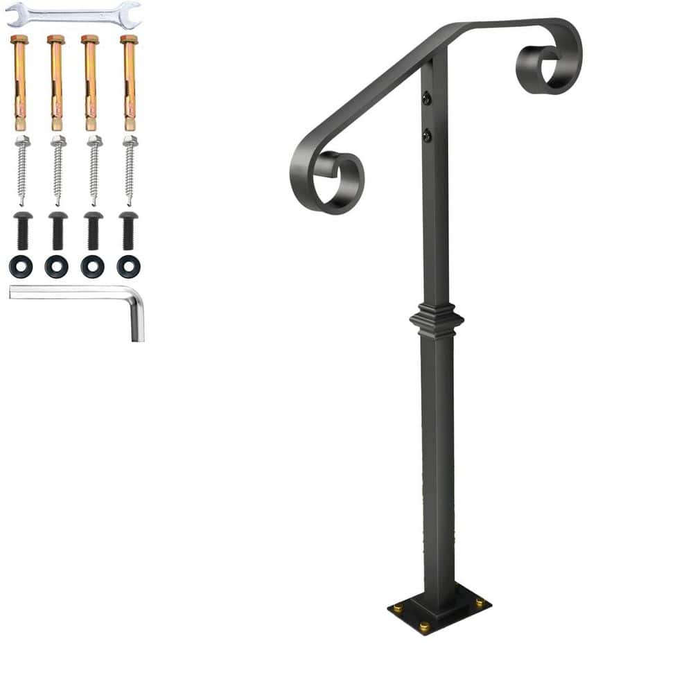Afoxsos 38.8 Wrought Iron Outdoor Handrail for 1-2 Steps Stair Railing with Transitional Porch for Concrete or Wooden Stairs (1)
