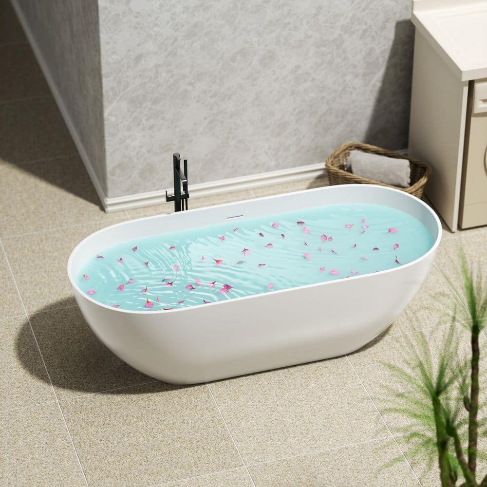 LIVACA 63 in. x 29.52 in. Soaking Solid Surface Freestanding Bathtub with Center Drain in Matte White (2)