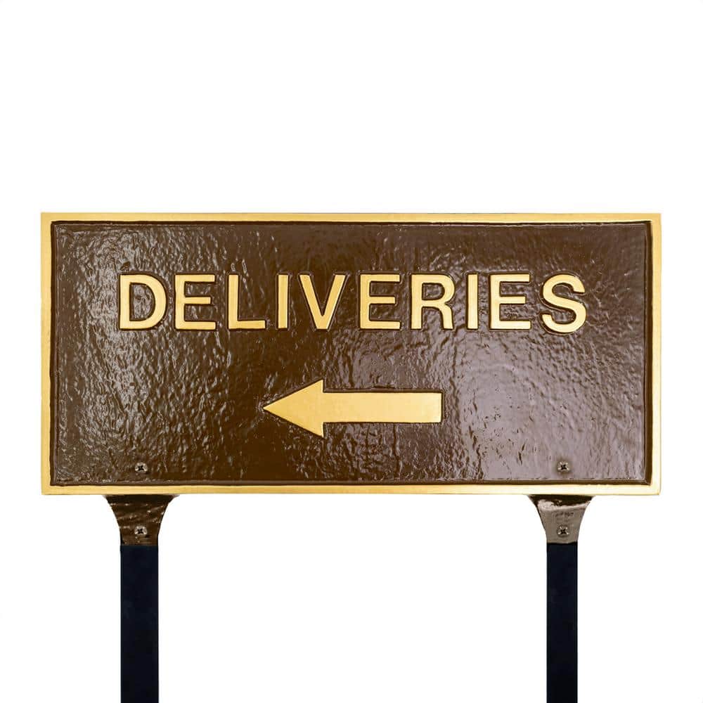 Montague Metal Products 7.25" x 15.25" Deliveries with Left Arrow Standard Rectangle Statement Plaque with Lawn Stakes - Oil Rubbed/Gold