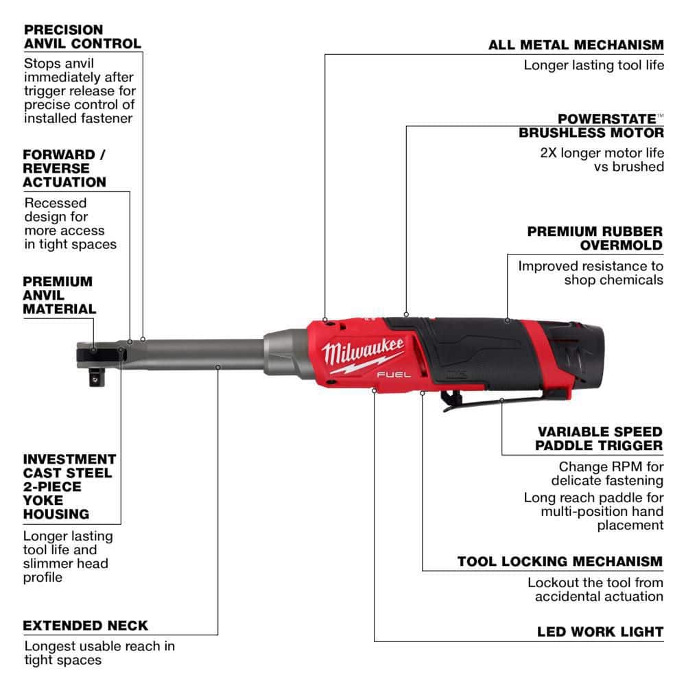 Milwaukee M12 FUEL 12V Lithium-Ion Brushless 3/8 in. Extended Reach High Speed Cordless Ratchet Kit & M12 Right Spot Blower (4)