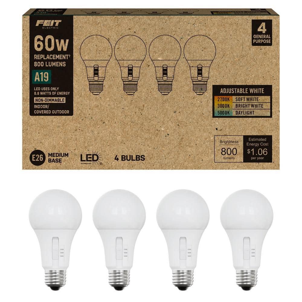 Feit Electric 60-Watt Equivalent A-Style A19 Non-Dimmable CEC LED Light Bulb w/Selectable Color Temperature (2700K/3000K/5000K) 4-Pack (2)