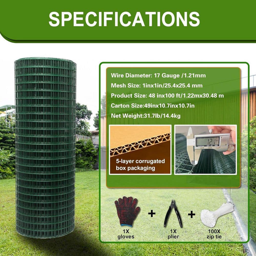 Unbranded Green PVC Coated Metal Welded Wire Mesh 48in x 100ft Hardware Cloth for Garden Fence and Animal Prevention (2)