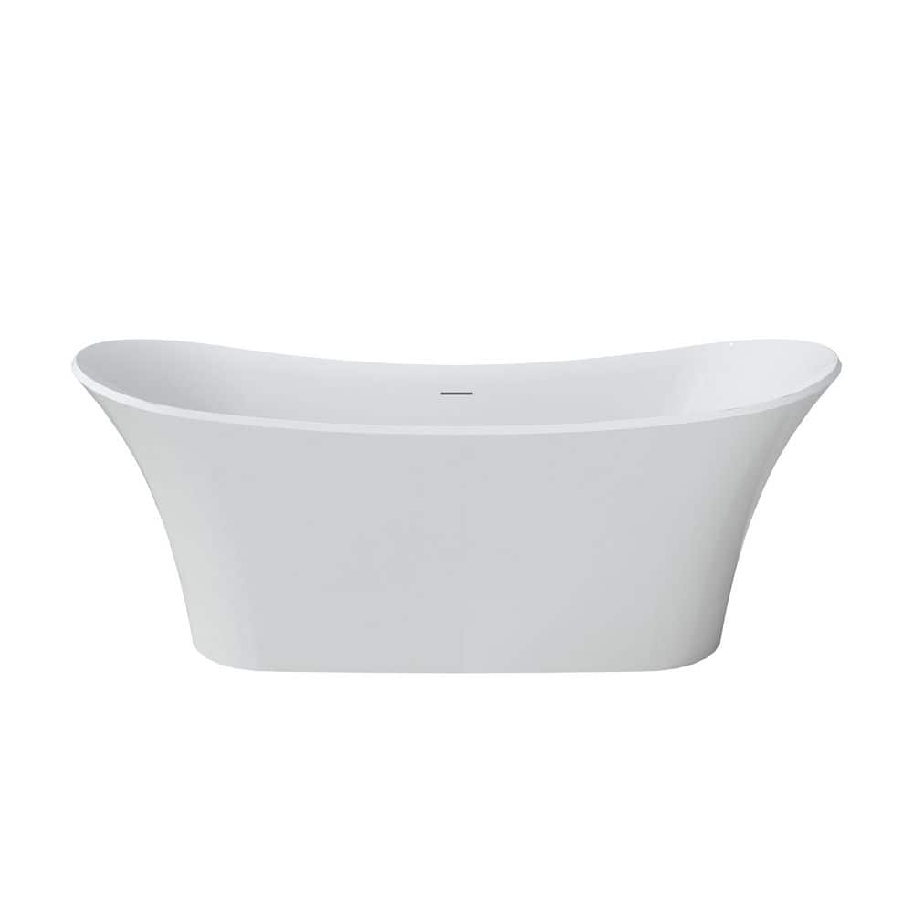 VANITYFUS 67.32 in. x 26.77 in. Solid Surface Flatbottom Soaking Bathtub with Center Drain in White (1)