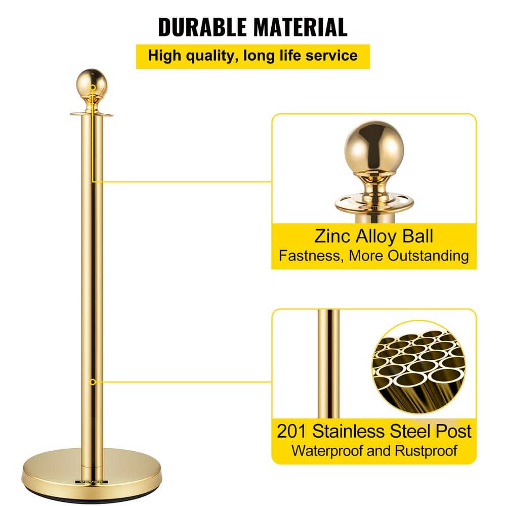 VEVOR Stanchion Posts Queue 4 Pack 38 Inch Red Velvet Rope stainless steel Crowd Control Barriers with Sturdy Rubber Base,Gold (3)