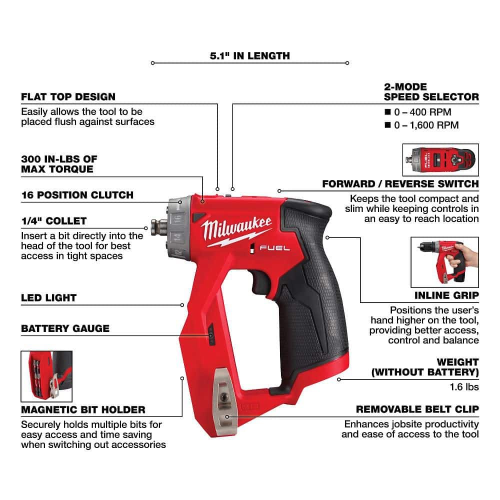 Milwaukee M12 FUEL 12V Lithium-Ion Brushless Cordless 4-in-1 Installation 3/8 in. Drill Driver with 4 Tool Head (Tool-Only) (4)