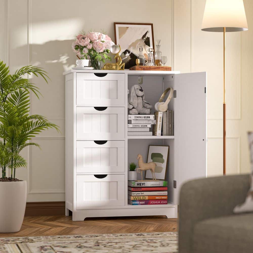 VEIKOUS White Linen Cabinet Storage Cabinet with Adjustable Shelf and 4-Drawer, 23.6 in. W x 11.8 in. D X 31.6 in. H (2)