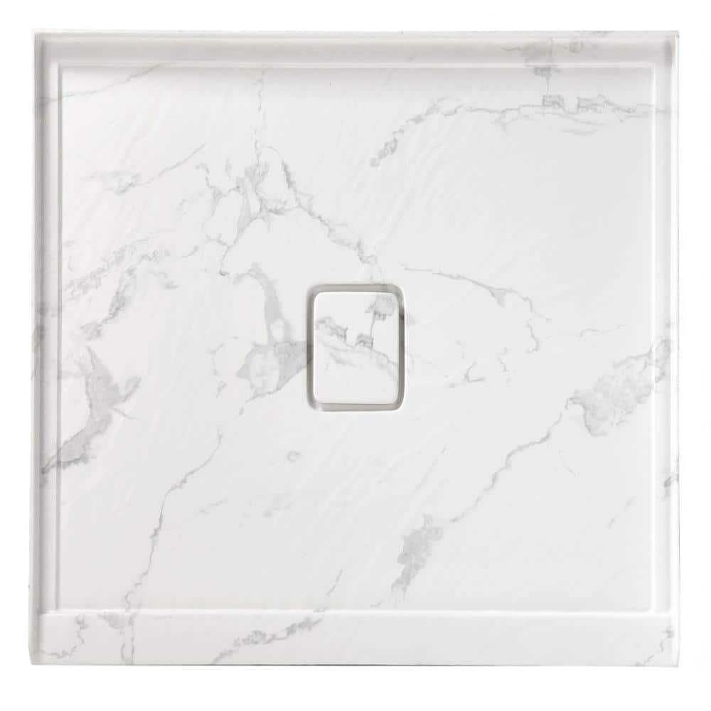 GIVING TREE 48 in. L x 36 in. W Acrylic Single Threshold Shower Pan Base with Center Drain in Textured White Marble Veining Finish (1)