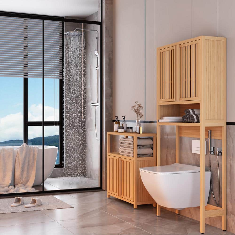 Tenleaf 24.57 in. W x 10.75 in. D x 32.09 in. H Brown Bamboo Linen Cabinet for Bathroom Living Room Kitchen Study Porch (3)