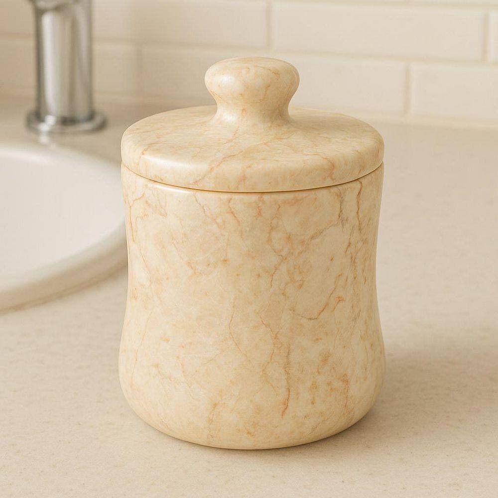 Creative Home Natural Champagne Marble Fenway Collection Cotton Ball Swab Holder Countertop Storage Jar Container Organizer in Beige (3)