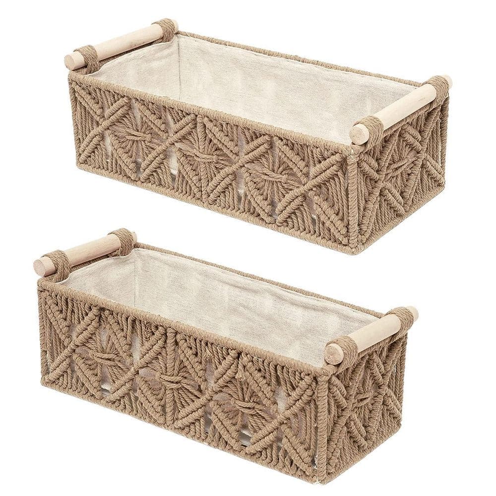 Wudkey 2-Piece Beige Handwoven Macrame Storage Bath Accessory Set, Boho Storage Baskets Set in Cotton with Wooden Handle (1)