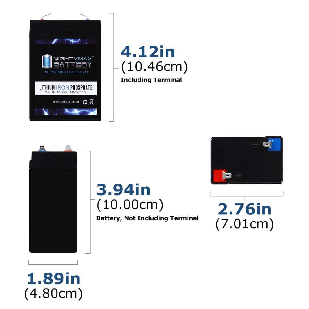 MIGHTY MAX BATTERY ML4-6LI - 6 Volt 4.5 AH Deep Cycle Lithium Iron Phosphate (LiFePO4) Rechargeable and Maintenance Free Battery (2)