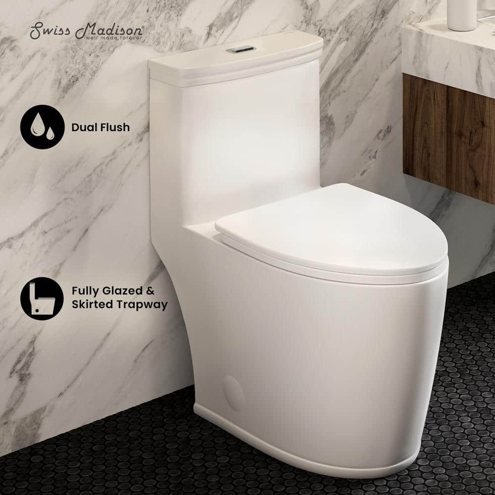 Swiss Madison Beau 1-Piece 1.1/1.6 GPF Dual Flush Elongated Toilet in White Seat Included (2)