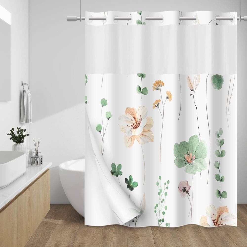 Unbranded Floral No-Hook Shower Curtain with Snap-In Liner,Sage Green (3)