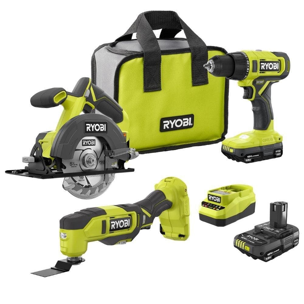RYOBI ONE  18V Cordless 2 Tool Combo Kit w/ Drill/Driver, Circular Saw,  Multi Tool, 2  1.5 Ah Batteries, & Charger