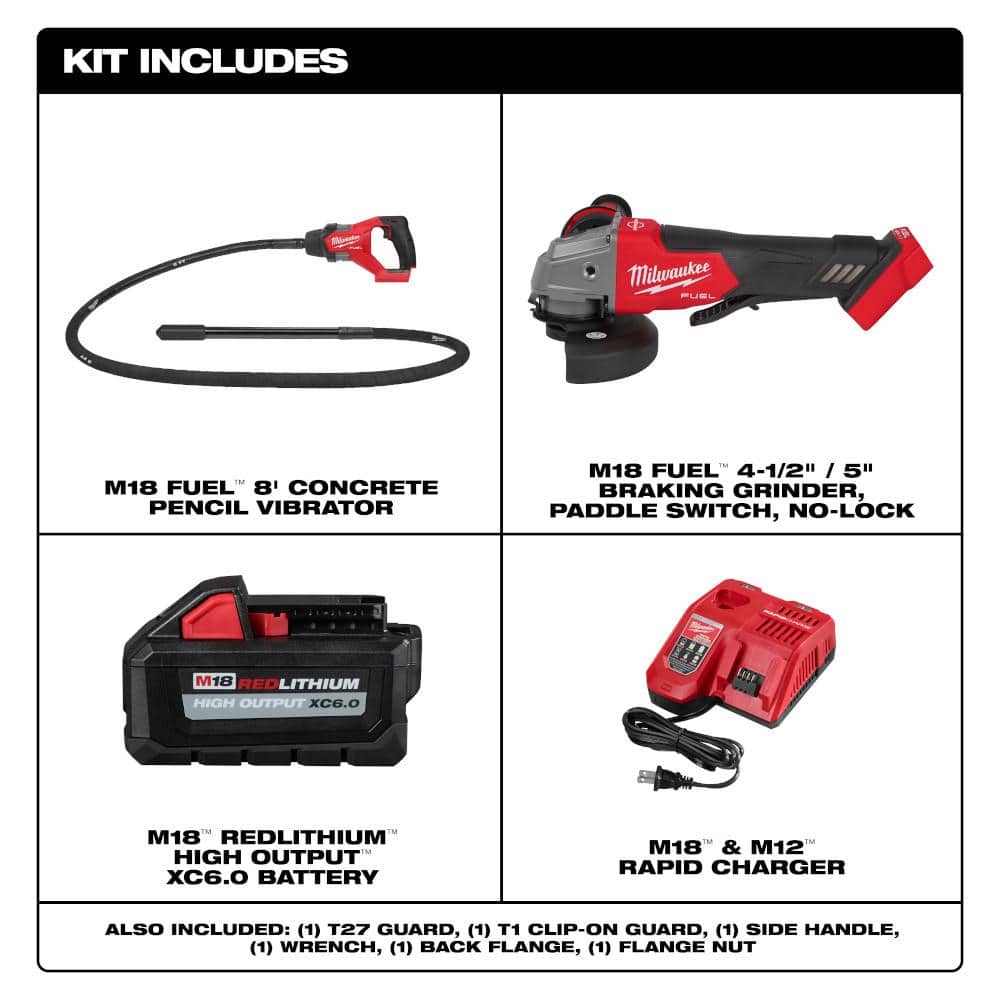 Milwaukee M18 FUEL 18V Lithium-Ion Brushless Cordless 8 ft. Concrete Pencil Vibrator Kit with 6.0 Ah Battery & M18 FUEL Grinder (2)
