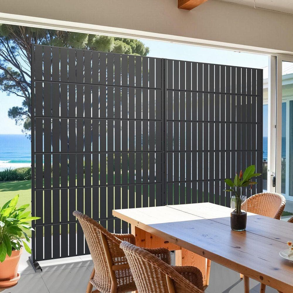 Lirago 72 in. x 47 in. Black Privacy Screen Galvanized Freestanding Panel (2)