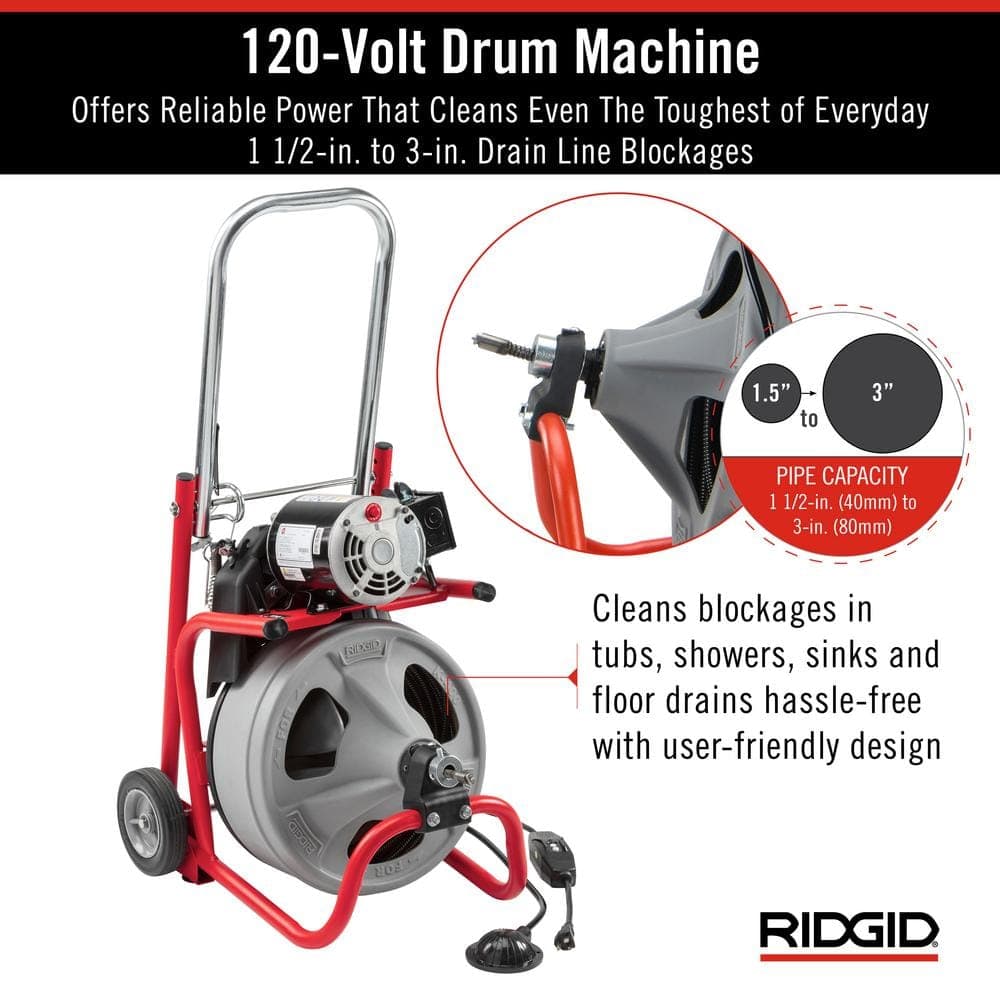 RIDGID K-400 Drain Cleaning Snake Auger 120-Volt Drum Machine with C-32IW 3/8 in. x 75 ft. Cable + 4-Piece Tool Set & Gl (3)