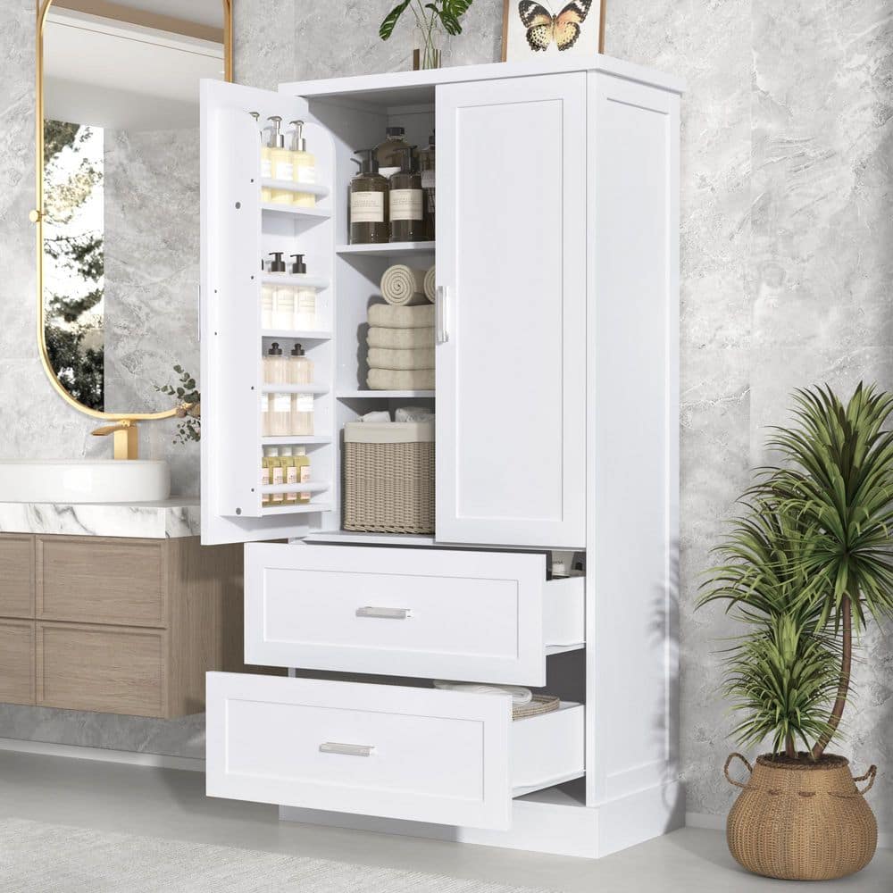 Unbranded 31.3 in. W x 16 in. D x 64 in. H White MDF Bathroom Linen Cabinet with Adjustable Shelf
