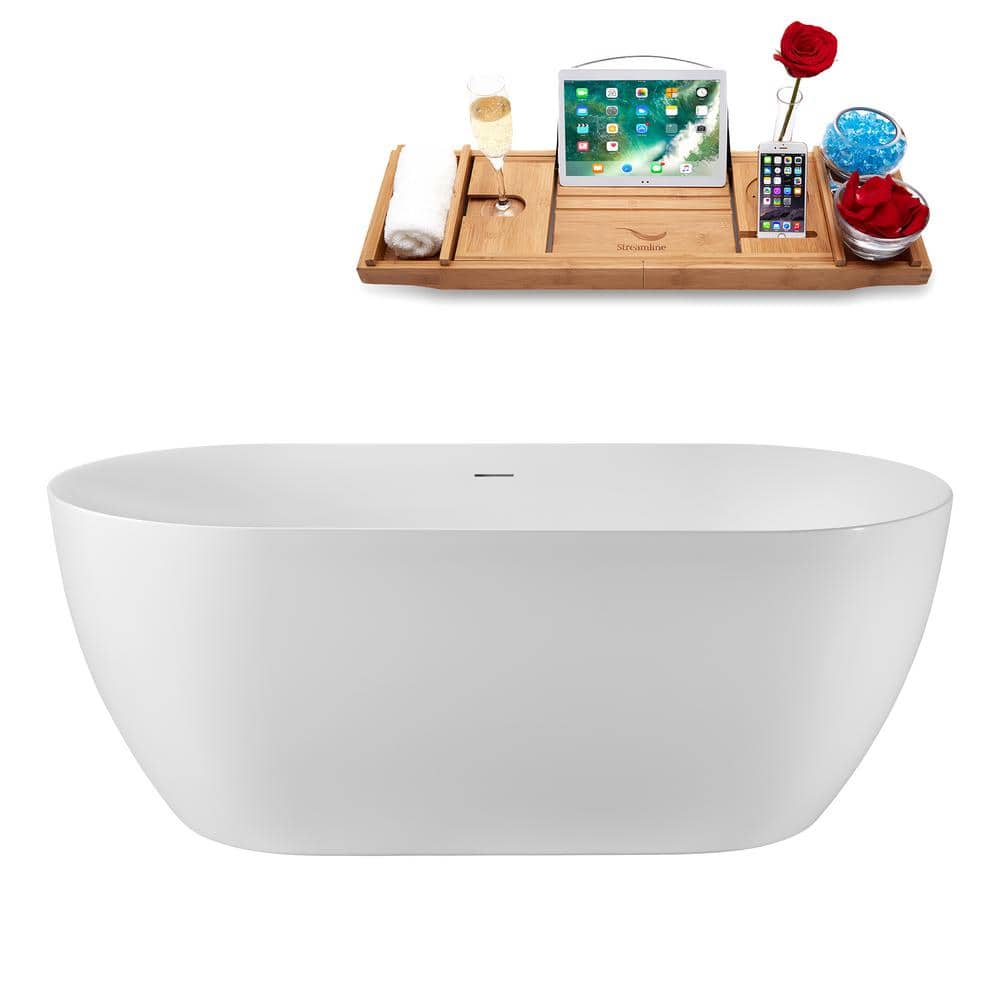 Streamline 59 in. x 30 in. Acrylic Freestanding Soaking Bathtub in Glossy White with Brushed Gold Drain, Bamboo Tray (1)