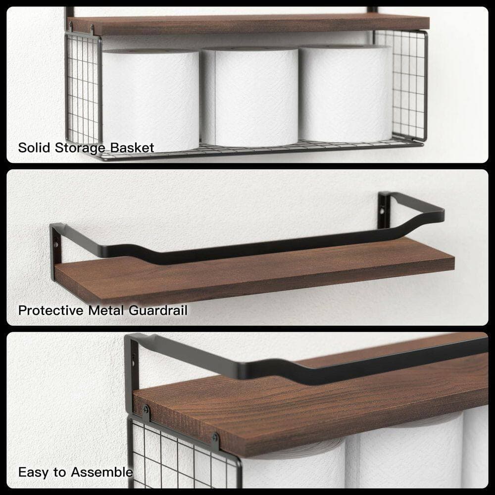 Wudkey 15.7 in. W x 5.5 in. H x 6 in. D Floating Wall Shelves with Wire Basket and Metal Guardrail, Over Toilet Storage, Brown (2)