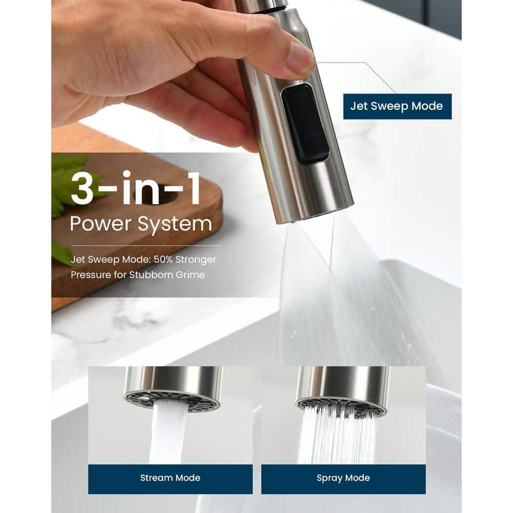 Numhew 4 Hole Kitchen Faucet in Brushed Nickel, 2 Handle with Pull Down Sprayer and Soap Dispenser, Fits 3/4 Hole Standard Sink (3)