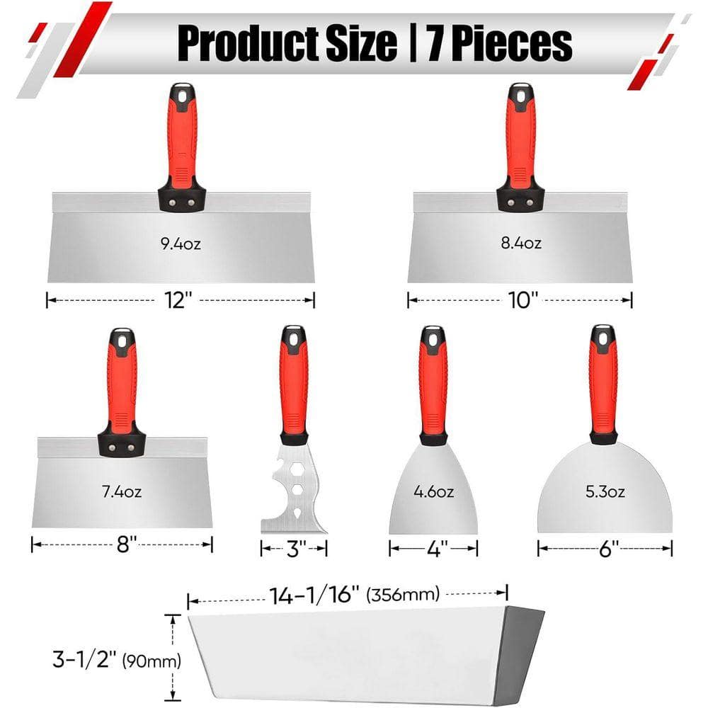 KIWDZFU 7-Piece Stainless Steel Drywall Tool Kit with Putty Knife Taping Knife Painter Scraper Tool and 12 Mud Pan (2)