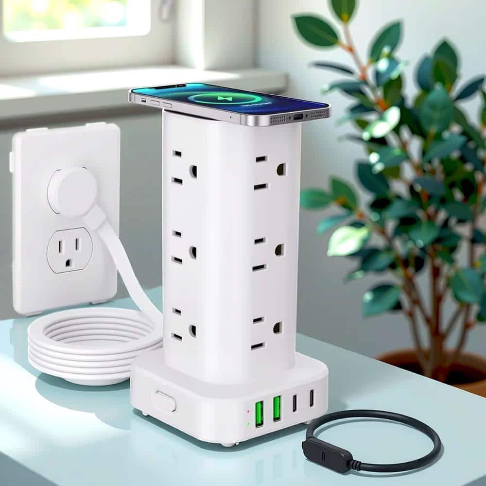 Lukyamzn 16-Outlet Tower Power Strip Surge Protector 15-Watt Wireless Charger with 6' Flat Plug Extension Cord 4 USB Ports White (2)