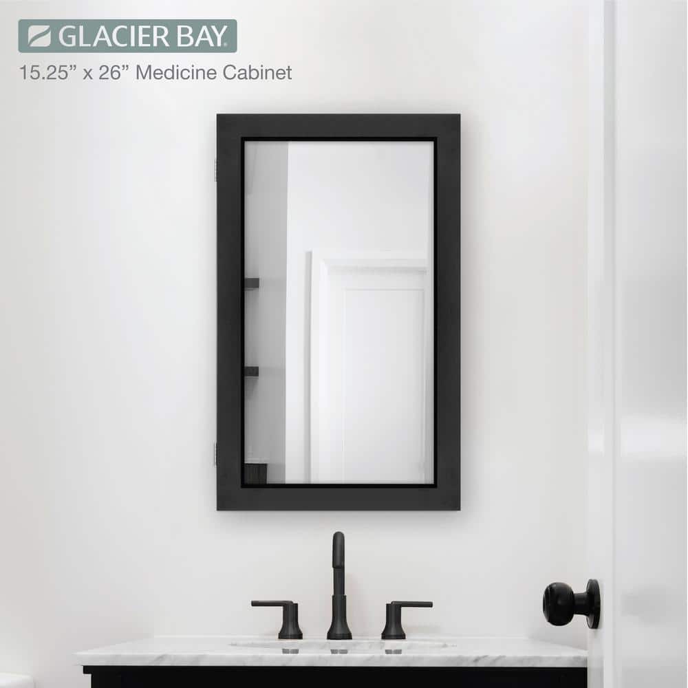 Glacier Bay 15-1/4 in. W x 26 in. H Rectangular Framed Recessed or Surface-Mount Bathroom Medicine Cabinet with Mirror, Black (3)