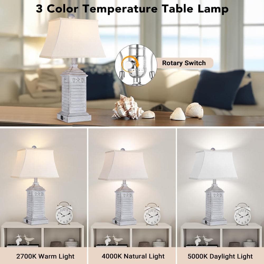 Unbranded Coastal Resin Table Lamps Set of 2 with USB A and C Ports, 3 Color Temperature, White Linen Shade 24 (2)