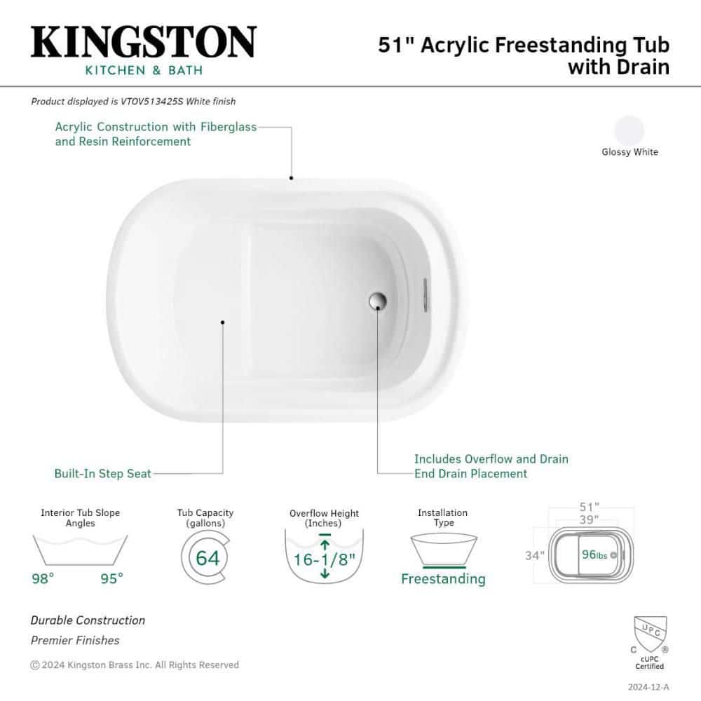 Kingston Brass Aqua Eden 51.2 in. x 33.9 in. Acrylic Oval Flatbottom Freestanding Soaking Bathtub with Drain in Glossy White (2)