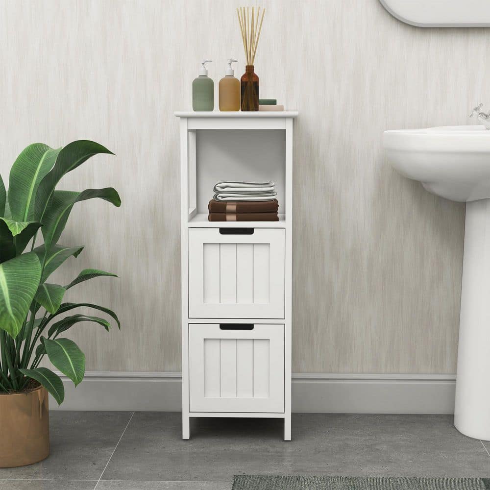 YSQCAR 13 in. W x 13 in. D x 35.43 in. H White MDF Freestanding Linen Cabinet with 2-Drawers and 1-Storage Shelf (2)